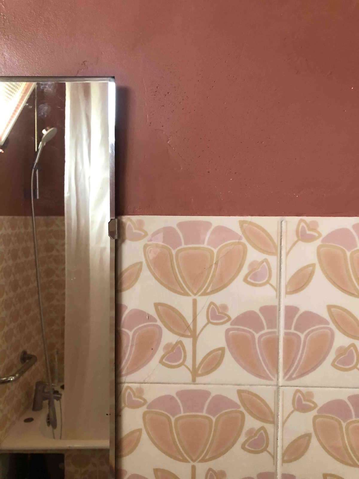Mur de salle de bain et carreaux à fleurs, Dieulefit